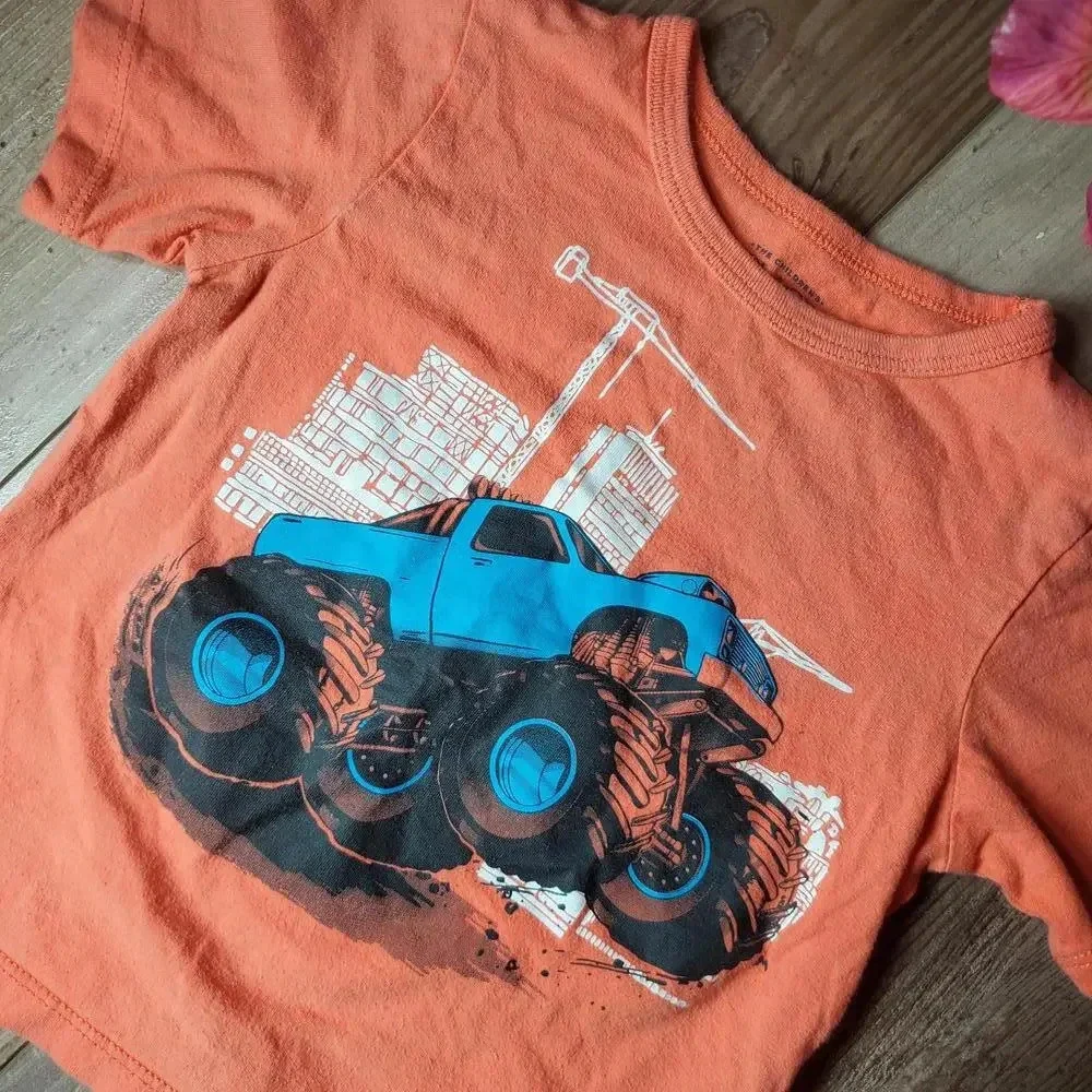 The Children's Place Toddler Boy Size 2T Orange Monster Truck Cotton T-Shirt EUC